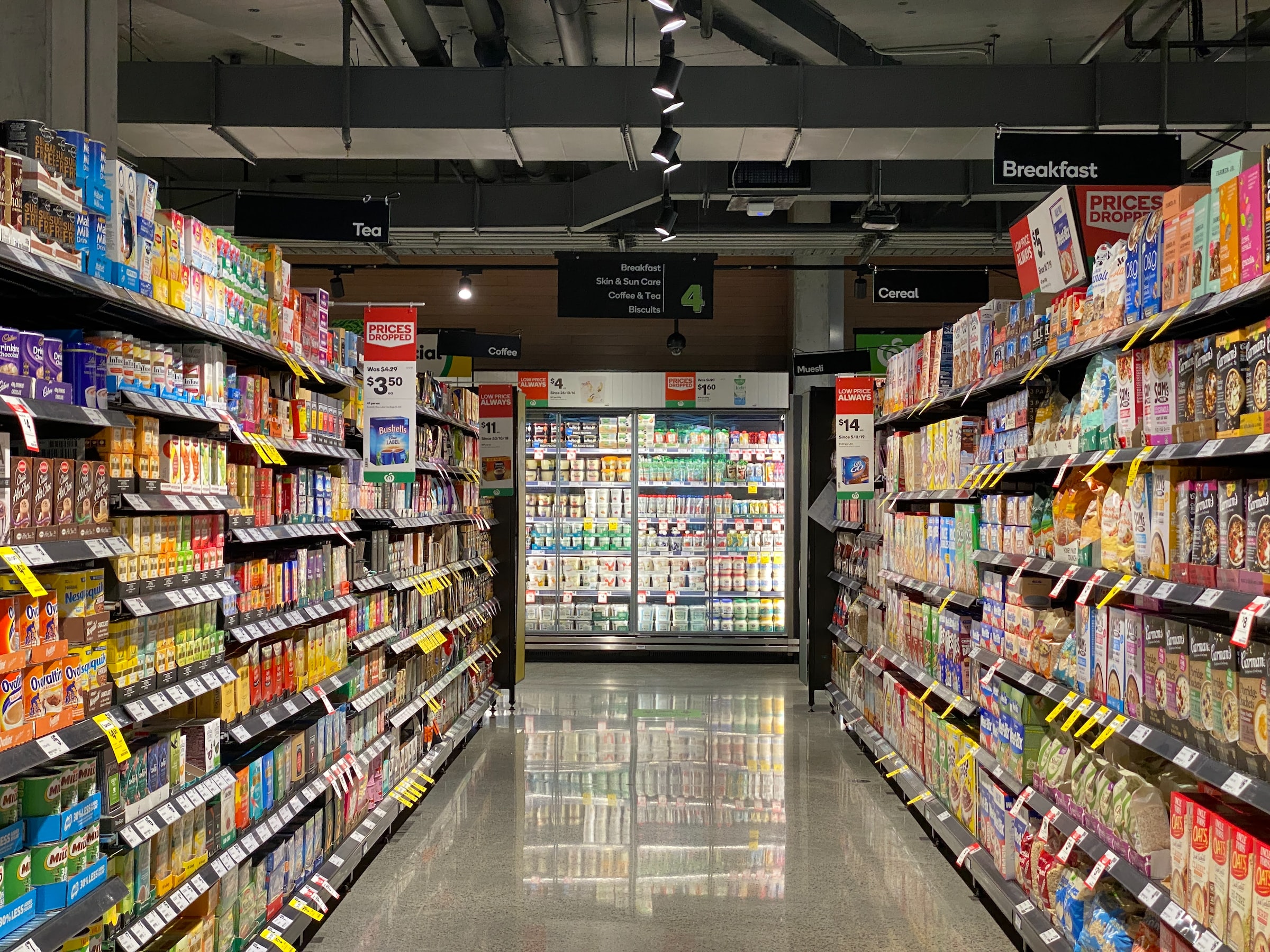 Supermarket aisle with shelves of food products